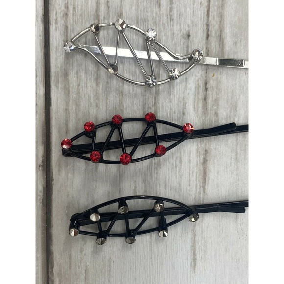 Hair Bobby Pins Clips Rhinestones Crystals Clear Red and Black Silver Set of 3 - Picture 2 of 6